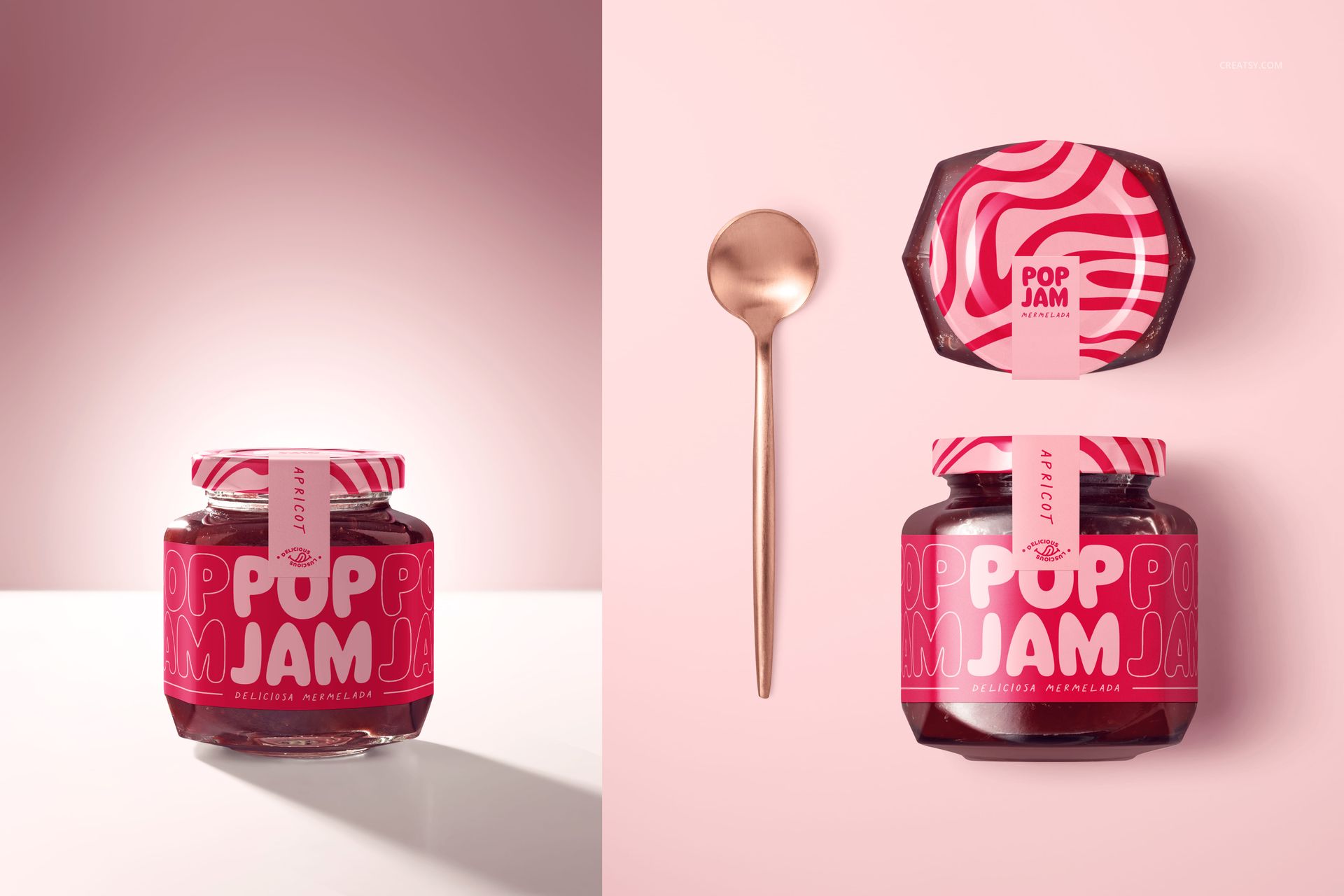 PSD mockup of a cherry jam jar with bold pink and red label, displayed beside a gold spoon on a pastel surface.