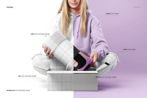 Front view of a fleece blanket mockup, half rolled with a grid pattern, held by a person in a light hoodie and jeans.