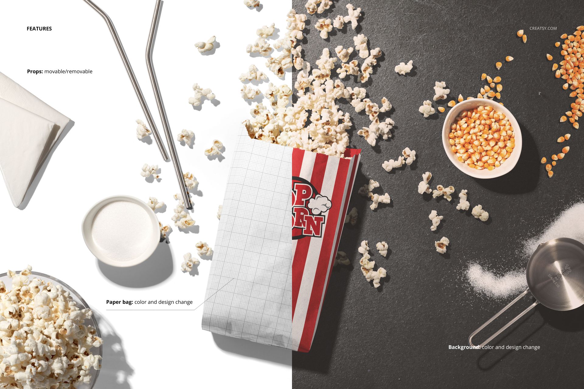 Front view of a popcorn paper bag mockup with red stripes, surrounded by scattered popcorn and metal straws.