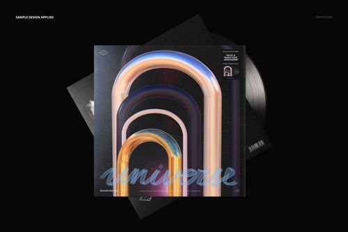 Front view of vinyl record album covers mockup featuring colorful arch patterns and a partially visible black record.