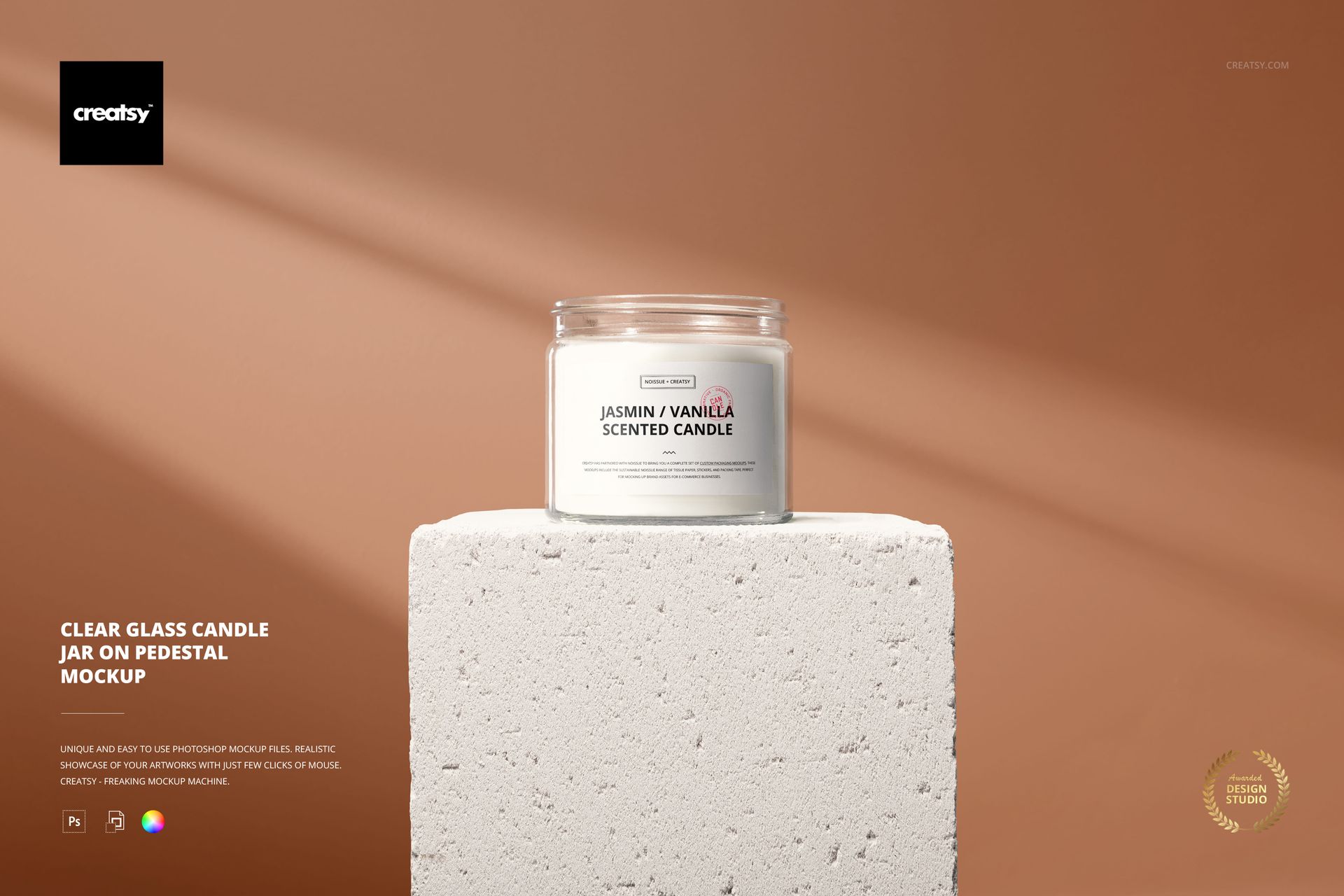 Glass candle jar mockup featuring a round transparent container with white candle, placed on a stone pedestal.