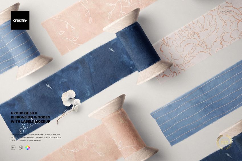 Group of Silk Ribbons on Wooden Spools Mockup - mockup screenshot 1