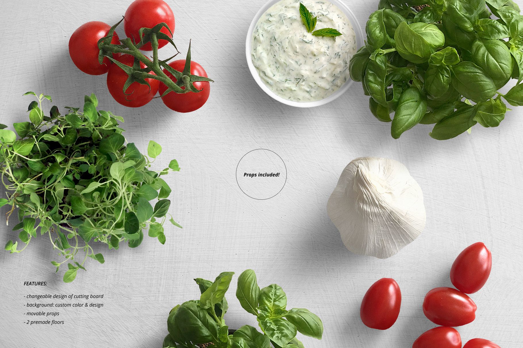 Top view of circular and rectangular glass cutting board mockup surrounded by tomatoes, garlic, herbs, and tzatziki on a light background.