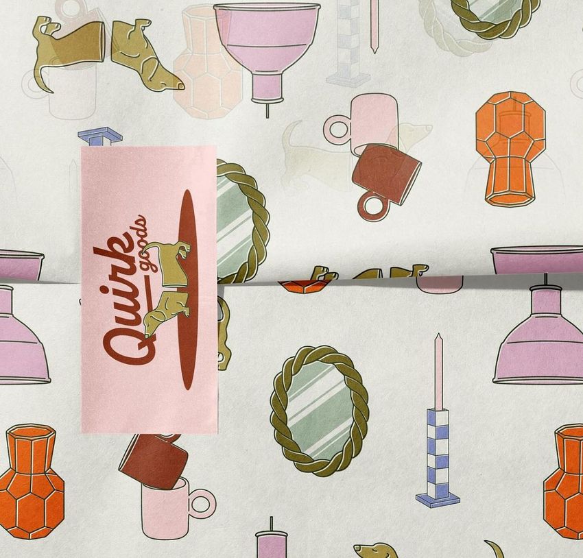 Wrapping paper mockup featuring colorful illustrated objects like mugs, lamps, and mirrors, with a pink sticker labeled Quirk Goods.