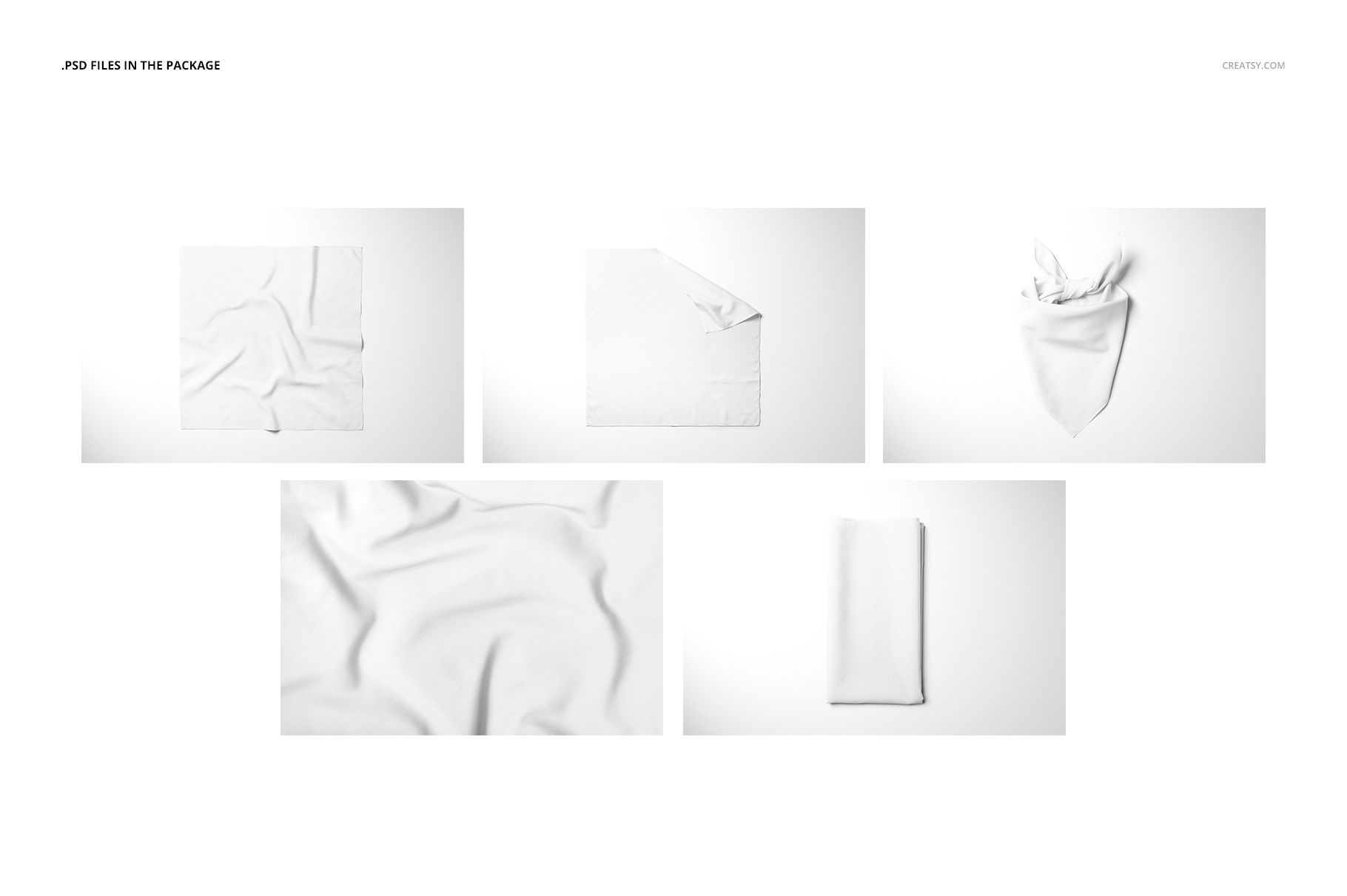 Set of five pet bandana mockups in various folded and draped positions, displayed on a plain white background.