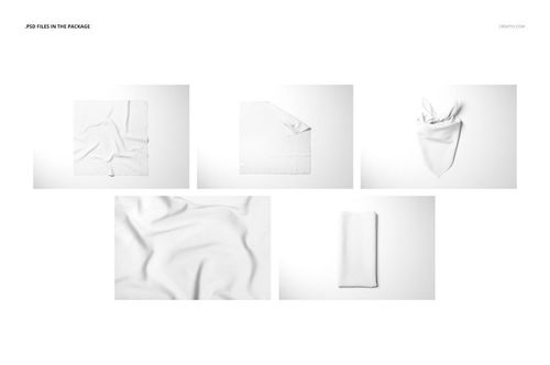 Set of five pet bandana mockups in various folded and draped positions, displayed on a plain white background.