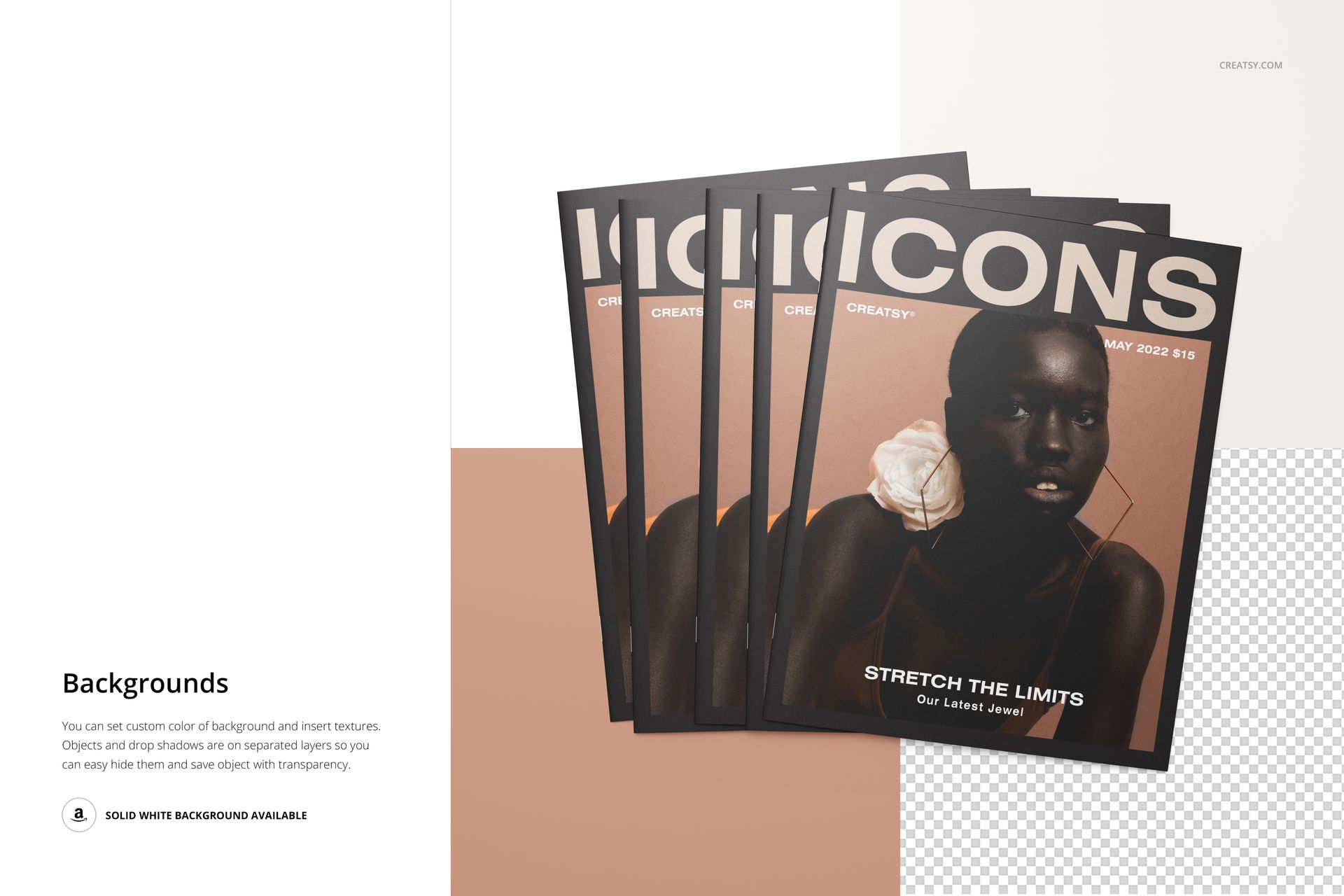 Five 8.5x11 magazines with dark covers and white text fanned out on a beige and white background, front view.