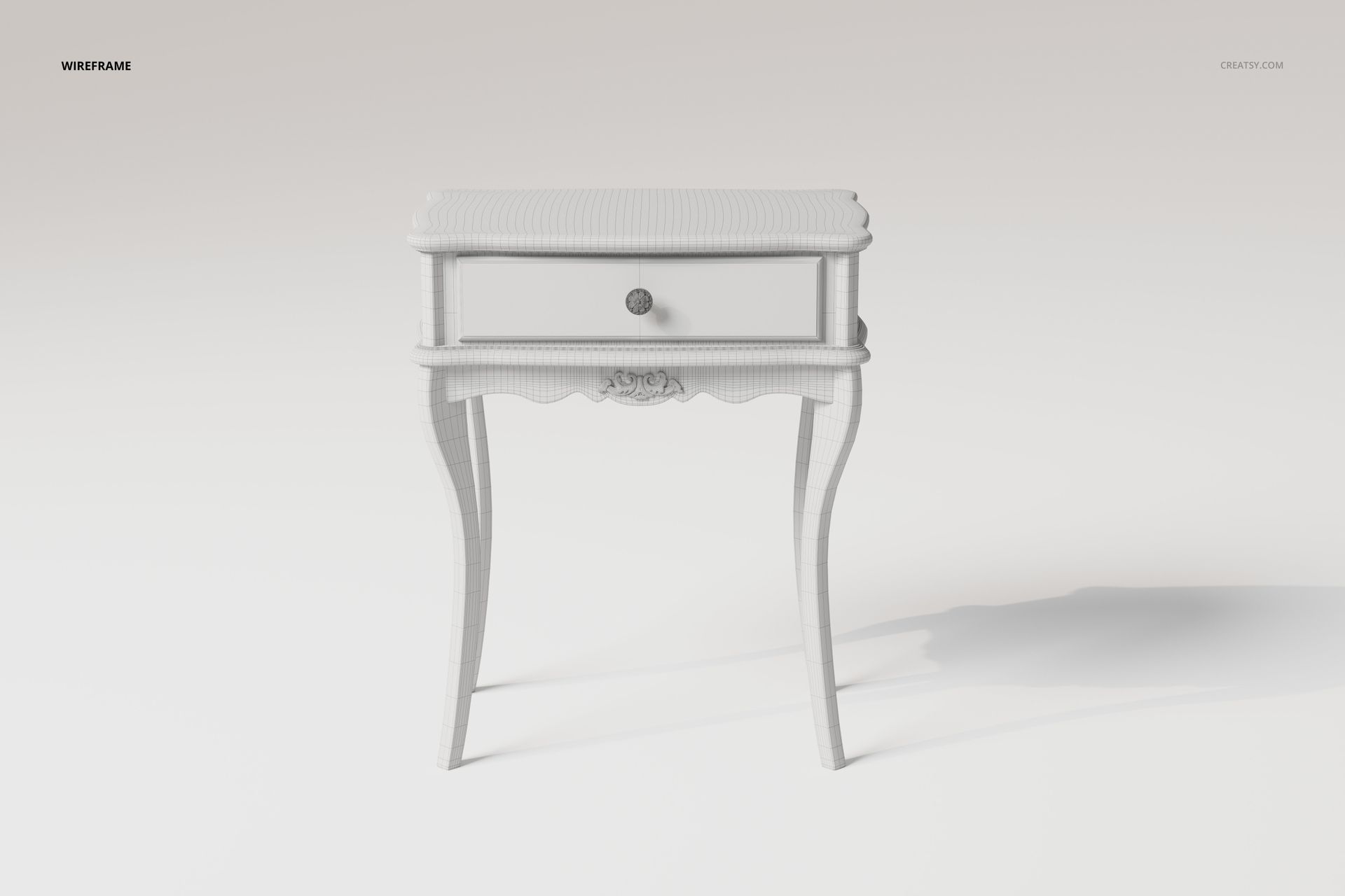 Front view of an antique style console table 3D model in white with curved legs and ornate detailing.