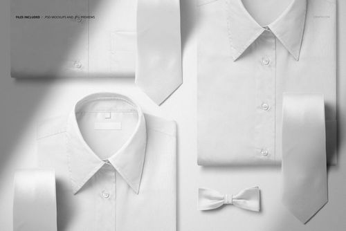 White men’s dress shirts displayed flat with two neckties and a bow tie, shown in a PSD mockup layout.