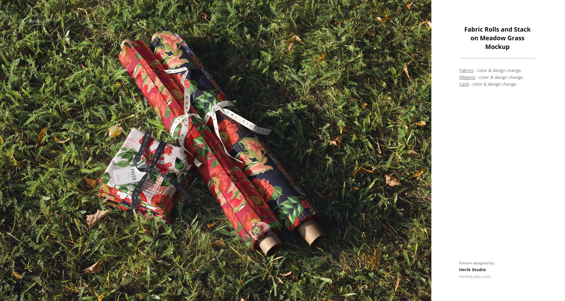 PSD mockup showing colorful flower print fabric rolls and a fabric stack placed on outdoor grass surface.