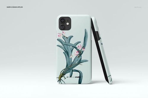iPhone 11 PSD mockup set with matte cases, botanical artwork, and minimalist light gray background.