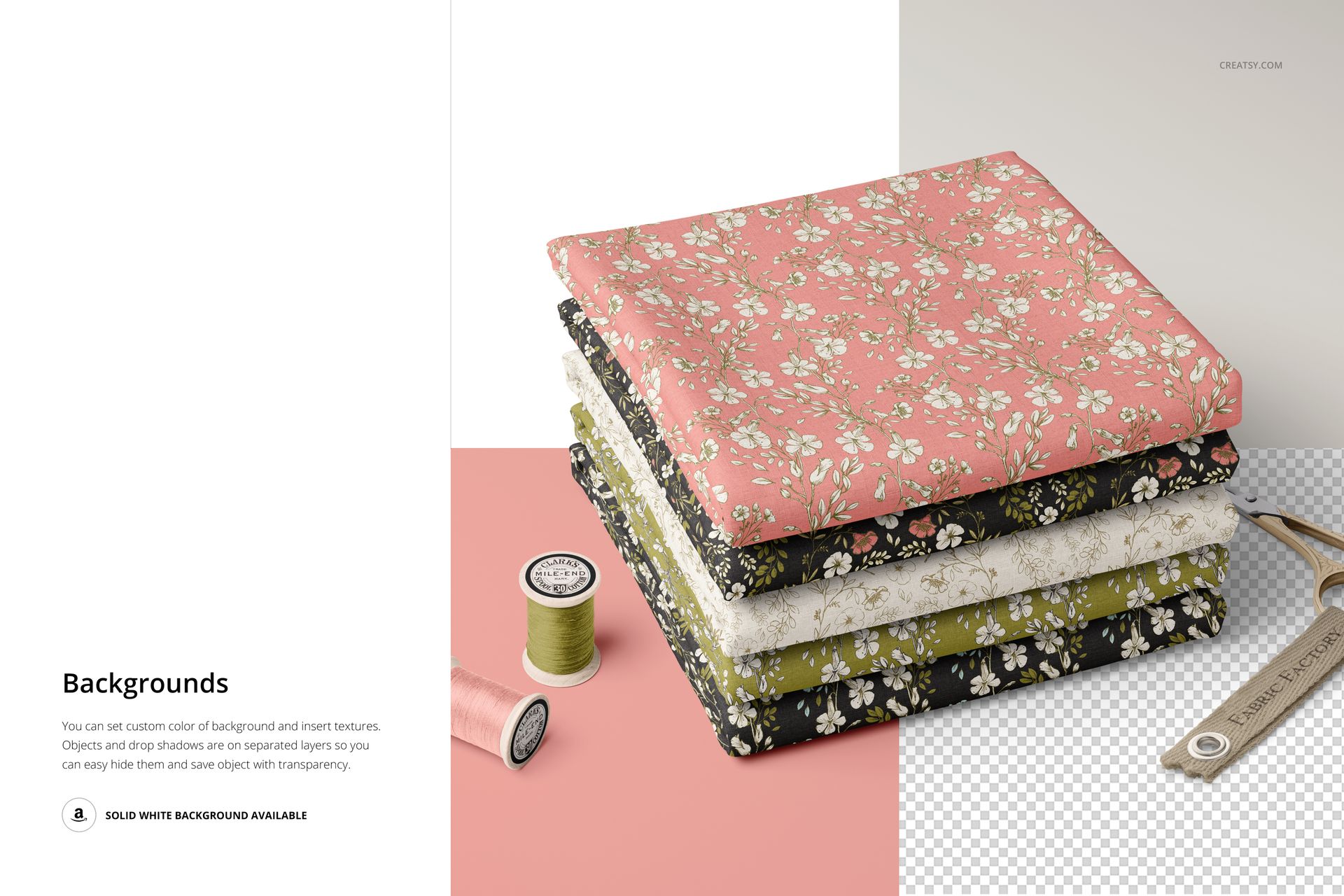 Fabric stack mockup featuring four folded textiles with small floral designs, displayed alongside sewing props and thread.