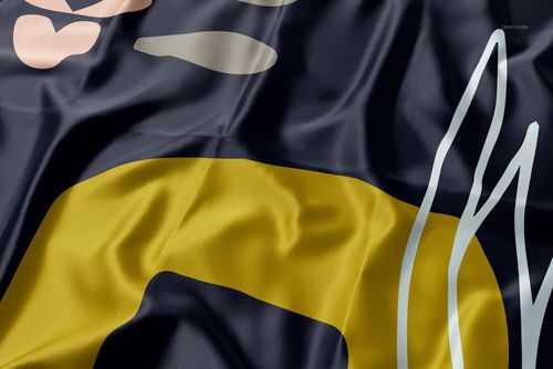 Close-up of a square silk scarf mockup with a narrow hem, featuring abstract shapes in yellow, beige, and blue.