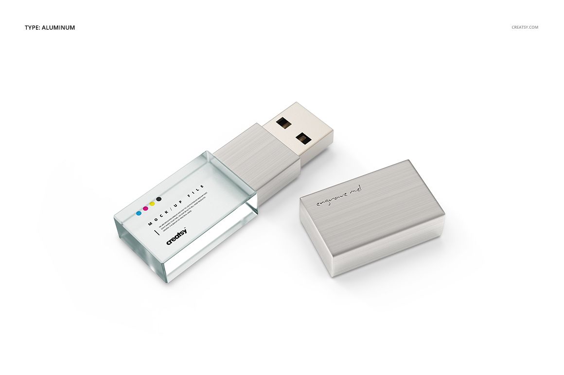 PSD mockup of an acrylic USB drive featuring a clear acrylic body and metallic cap, displayed with cap removed.