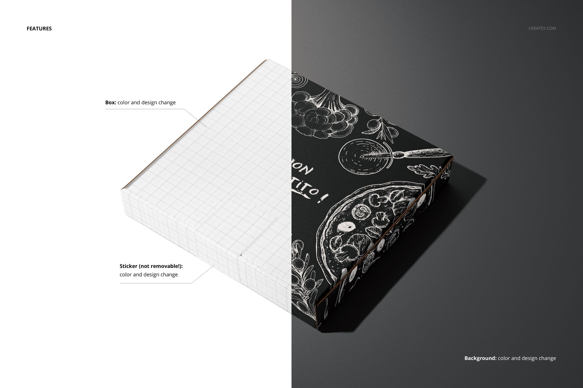 Pizza box mockup set showing a square box with a removable sticker, half in grid pattern and half in dark chalkboard design.
