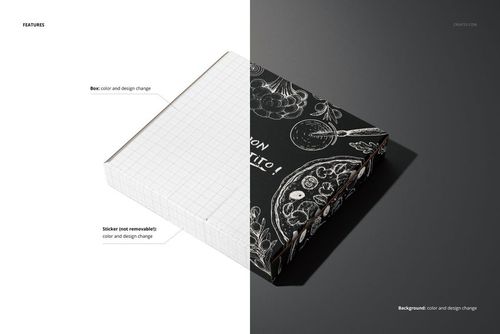 Pizza box mockup set showing a square box with a removable sticker, half in grid pattern and half in dark chalkboard design.