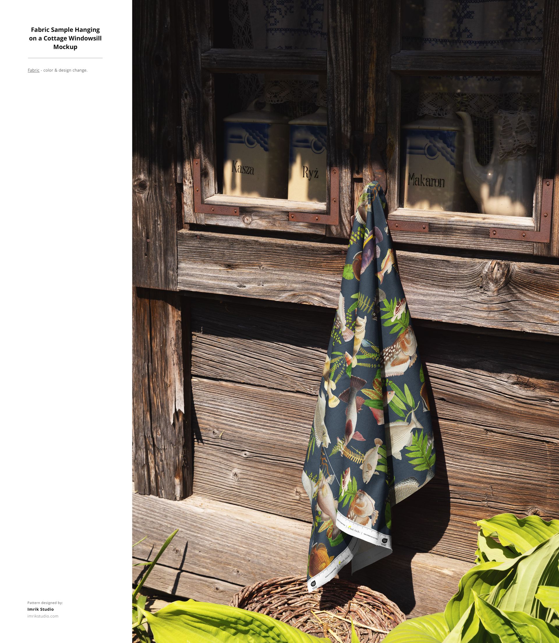 Colorful patterned fabric mockup draped on a wooden exterior, showing green leaves and birds in natural light.