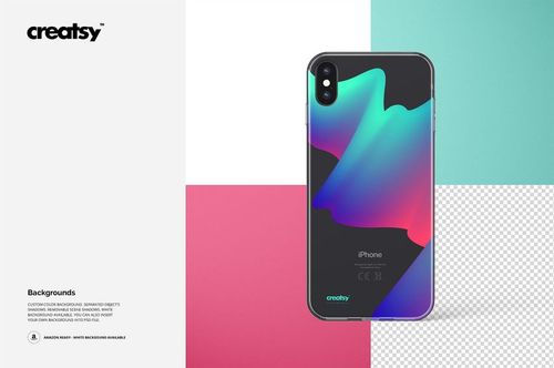iPhone XS Max with transparent case displaying a colorful pattern, presented in a PSD mockup with geometric backdrop.
