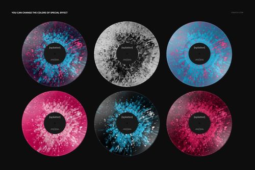 Top view of six vinyl records with colorful splatter patterns, arranged in two rows on a black backdrop for a PSD mockup.