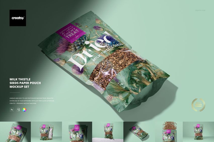 Milk thistle seeds paper pouch mockup displayed at an angle, showing detailed seed graphics and floral patterns on packaging.