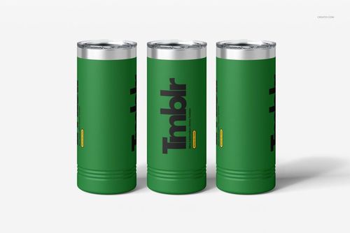 Three green powder coated skinny tumblers with silver lids arranged side by side, shown in a PSD mockup scene.