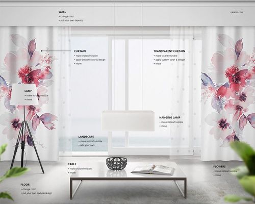 PSD mockup showing long white curtains with watercolor flower designs, positioned in a bright, minimal interior.