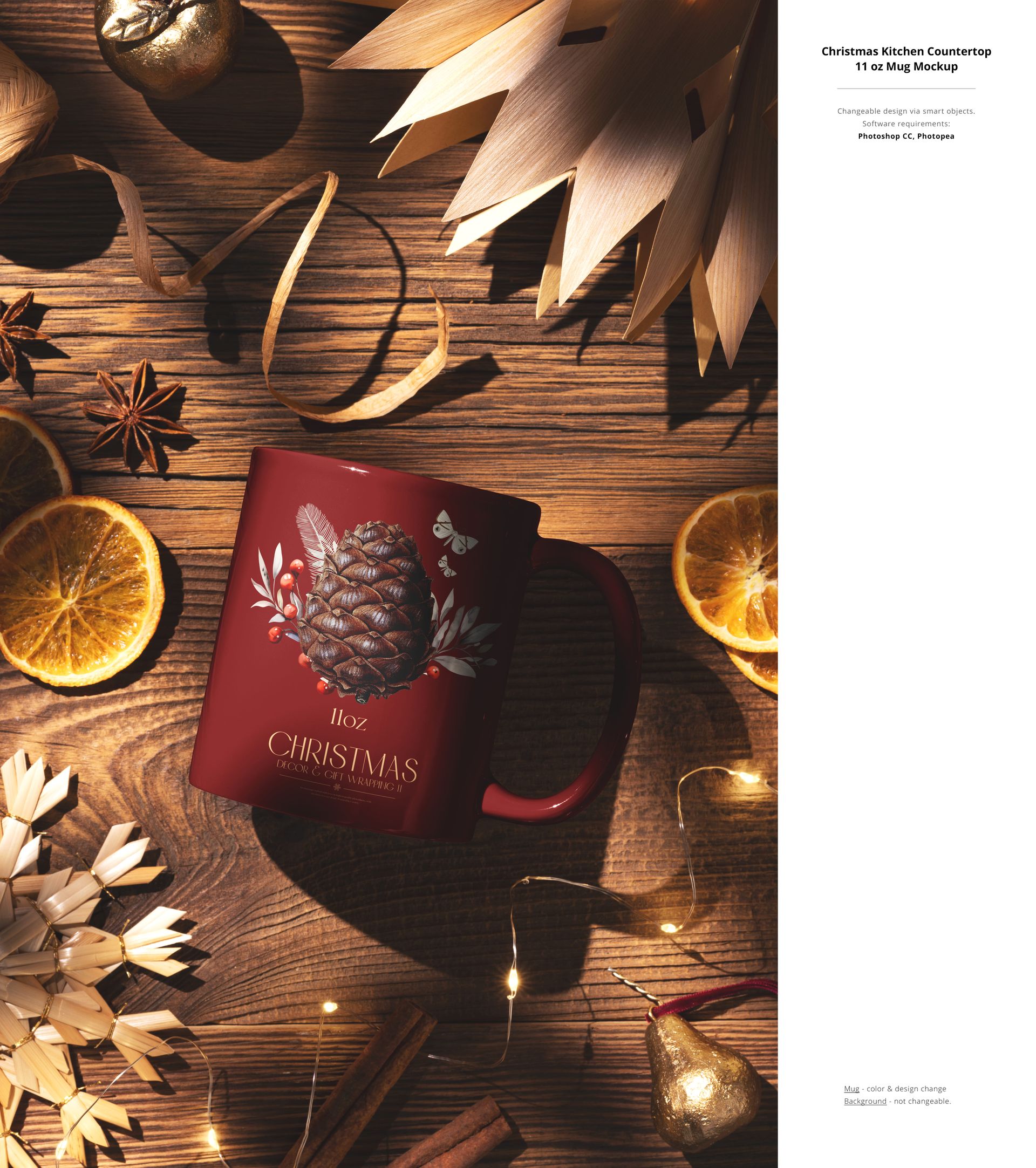 Front view of a Christmas-themed mug mockup surrounded by star anise, dried citrus, and wooden ornaments on a rustic surface.