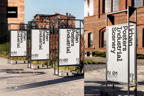 Urban posters mockup set featuring large white posters on metal frames, placed in a sunlit industrial outdoor setting.