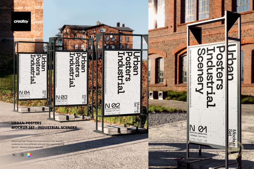 Urban posters mockup set featuring large white posters on metal frames, placed in a sunlit industrial outdoor setting.