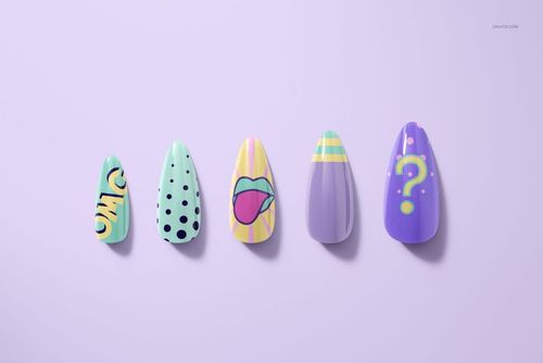 Front view of glossy nail tips mockup featuring playful patterns and vibrant colors on a pastel purple surface.