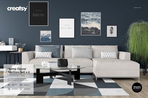 Front view of a stylish home décor textiles mockup featuring a sofa, pillows, abstract rug, and wall prints.