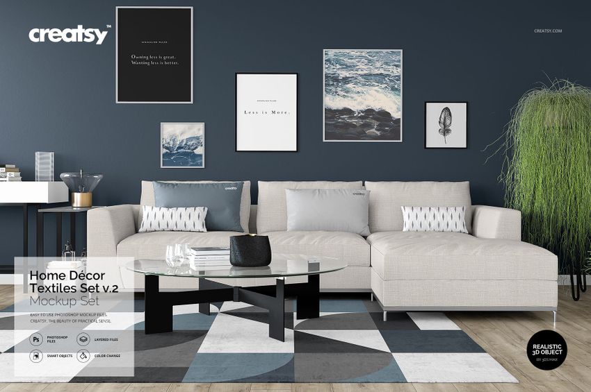 Front view of a stylish home décor textiles mockup featuring a sofa, pillows, abstract rug, and wall prints.
