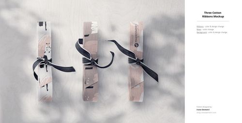 Three cotton fabric ribbons mockup displayed on a light surface, each featuring abstract pastel patterns and dark bows.