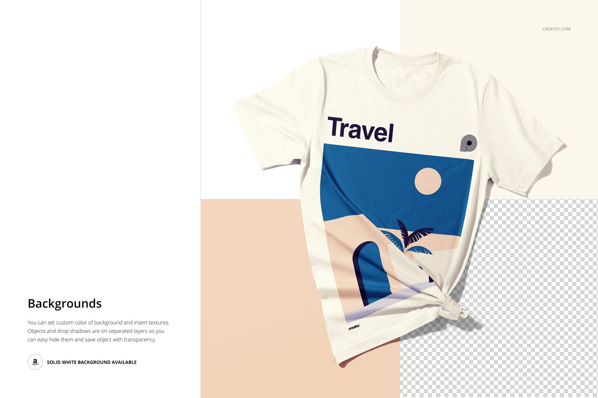 White short-sleeve t-shirt mockup with a knotted bottom, displaying a blue and beige travel illustration on the front.