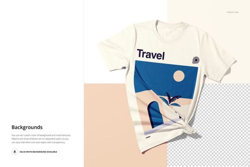 White short-sleeve t-shirt mockup with a knotted bottom, displaying a blue and beige travel illustration on the front.