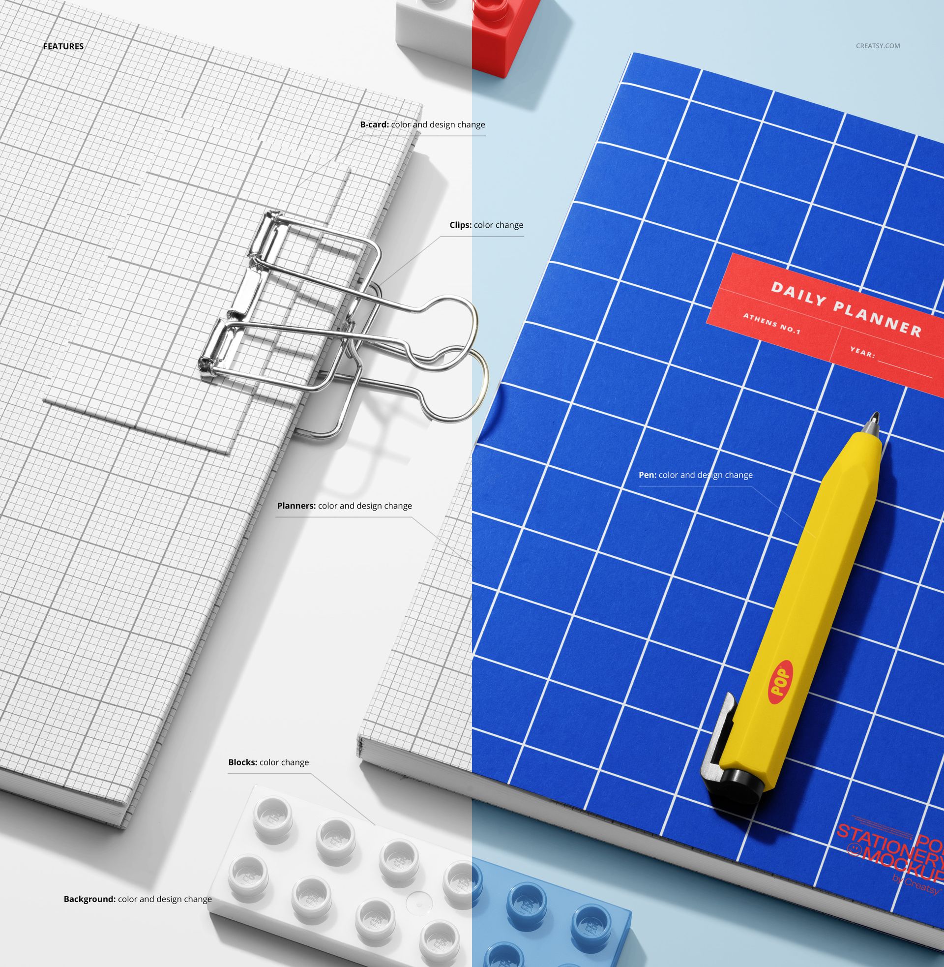 Flat lay of stationery planners, metal clips, and plastic blocks on a bright surface, shown in a PSD mockup scene.