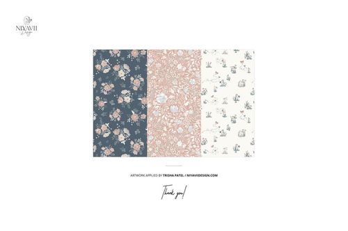 Three rectangular panels display floral and animal patterns in blue, peach, and cream colors, shown side by side.