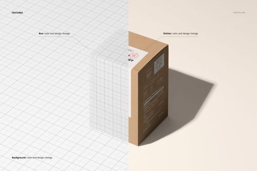 PSD mockup of a tall packaging box featuring a sticker, displayed with half in wireframe and half in realistic texture.