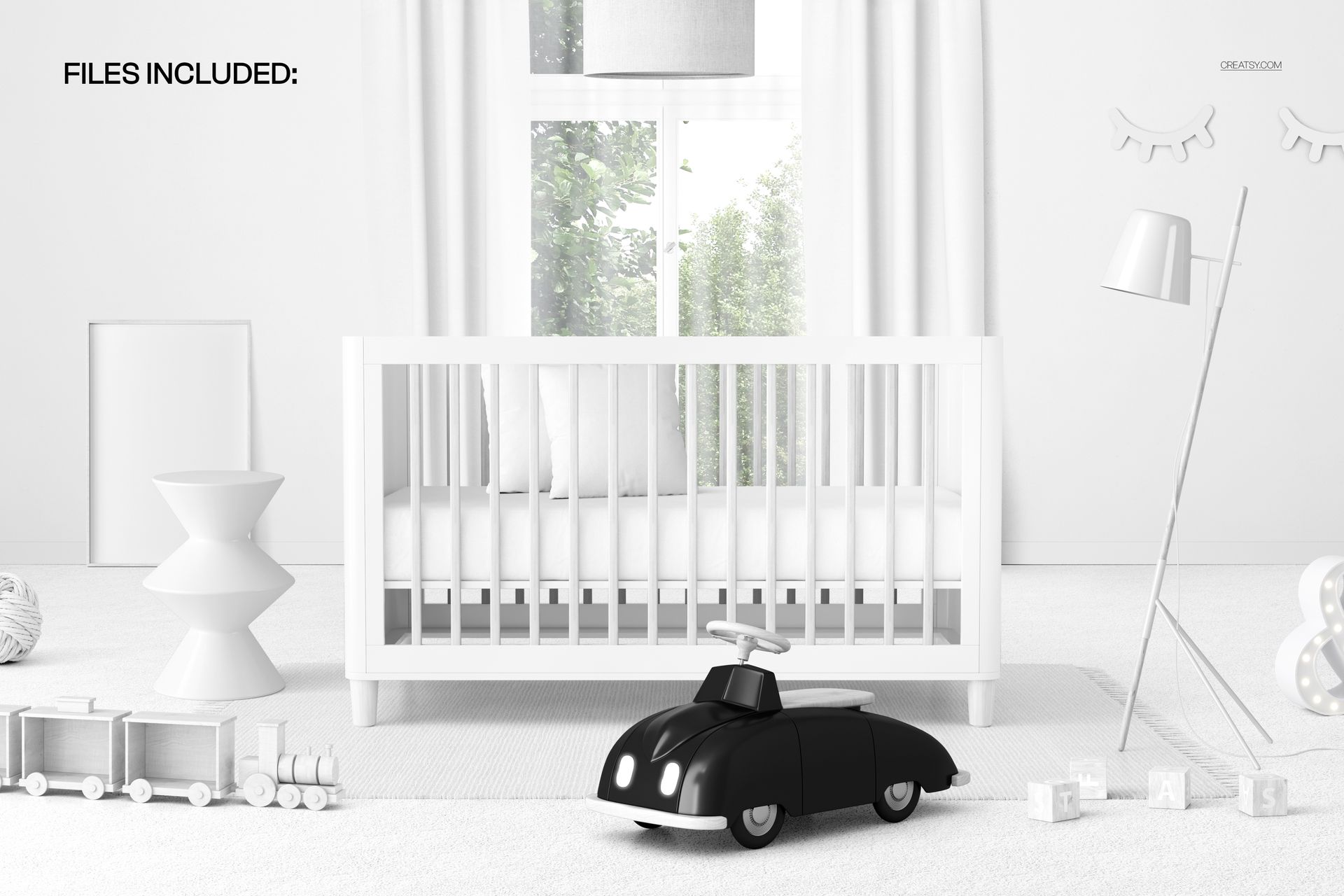 PSD mockup of a nursery scene with a white baby crib, black toy car, and contemporary decor elements.