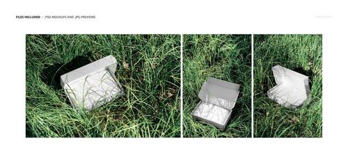 Three plain mailing boxes with open flaps placed in dense grass, viewed from front and top perspectives in a mockup set.