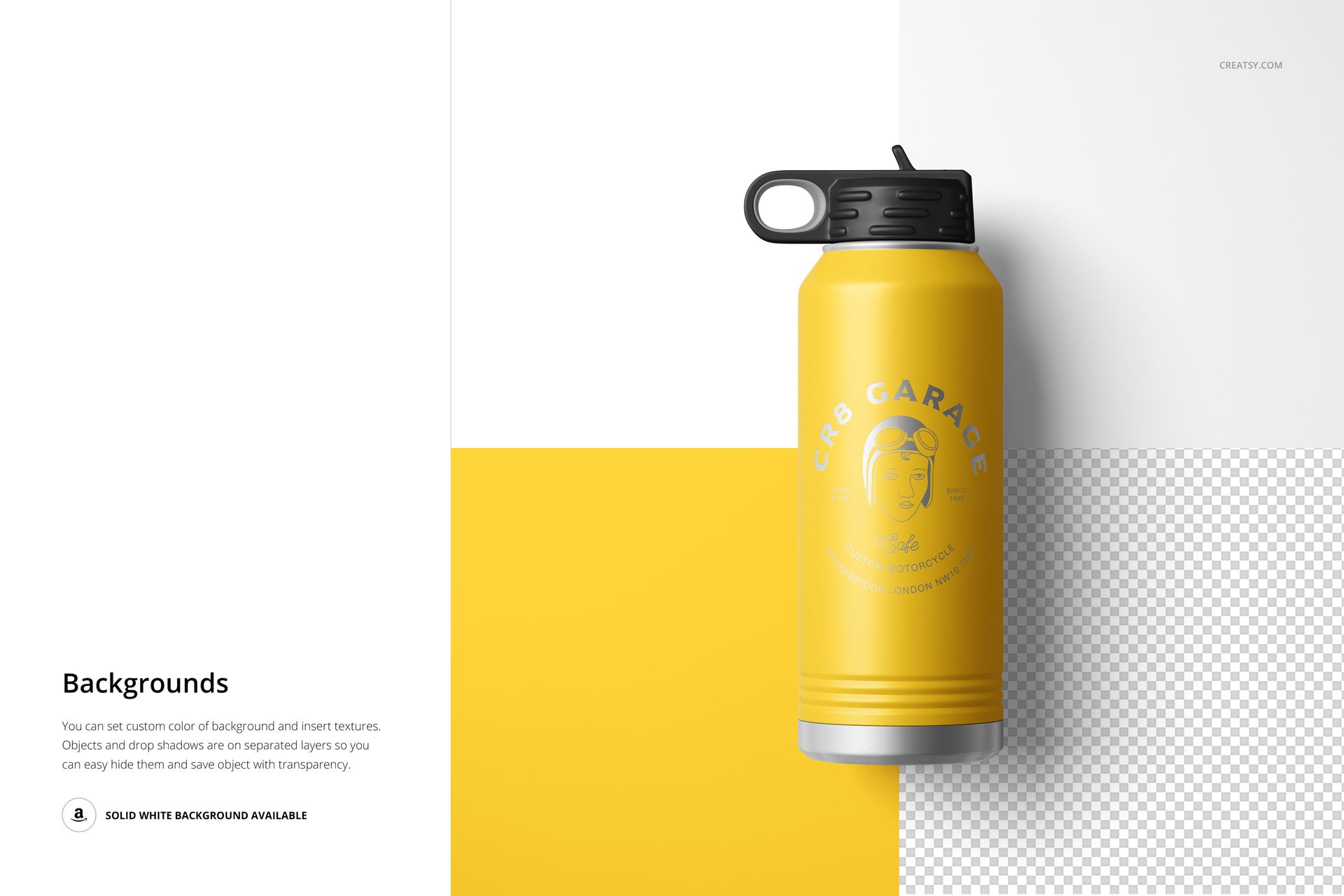 32 oz yellow water bottle mockup with black cap, displayed upright on a white, yellow, and transparent background.