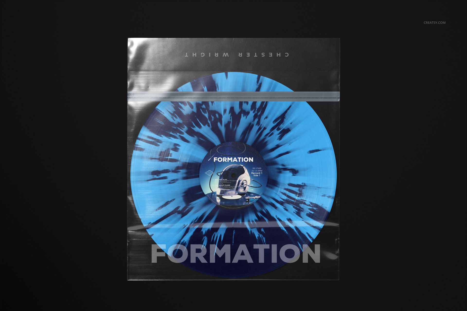Front view of a vinyl record sleeve mockup featuring a blue and black splatter-patterned record on a dark background.