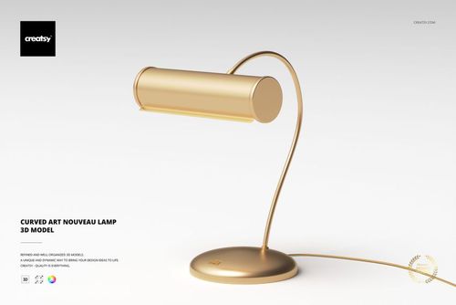 Curved Art Nouveau lamp with a cylindrical gold shade and sleek arched stem, shown on a plain white background.