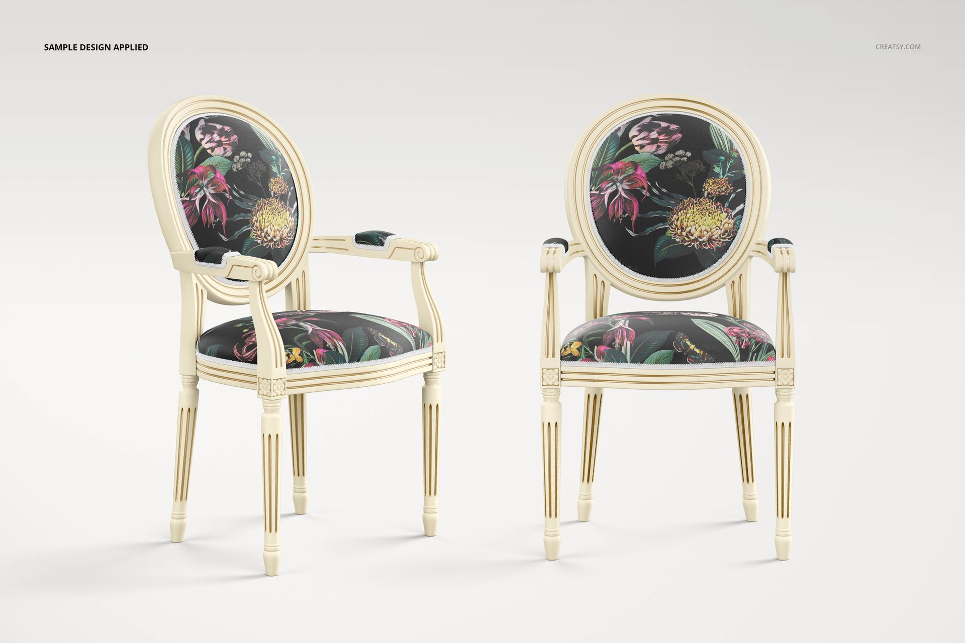 Front view of two medallion back armchairs with floral patterned upholstery in a living room PSD mockup scene.
