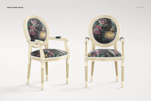 Front view of two medallion back armchairs with floral patterned upholstery in a living room PSD mockup scene.