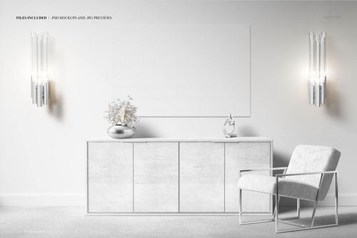 Front view of a minimalist luxurious room with a large blank canvas print mockup above a white sideboard, armchair, and wall lamps.