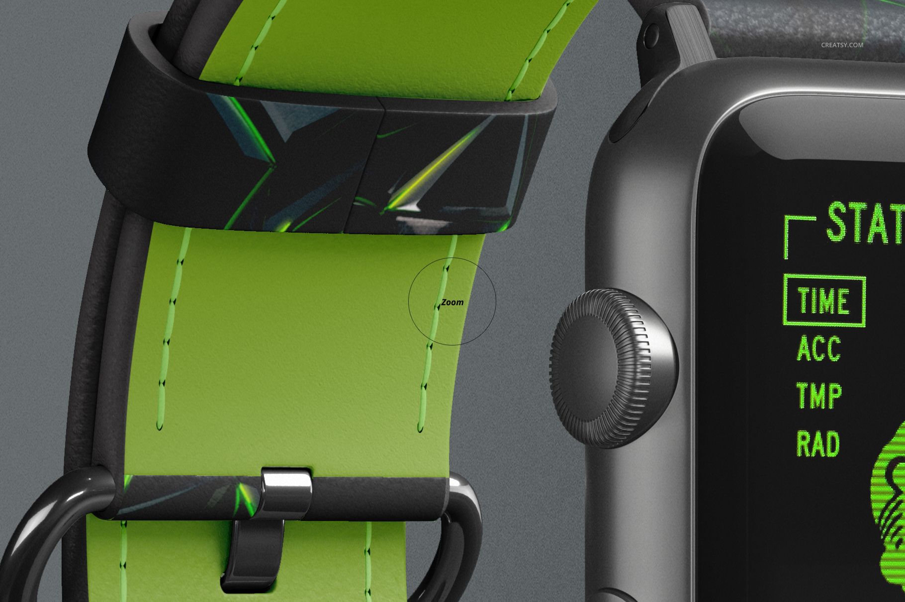 Apple Watch leather band mockup showing a green strap with stitched edges and abstract black accents, side angle.