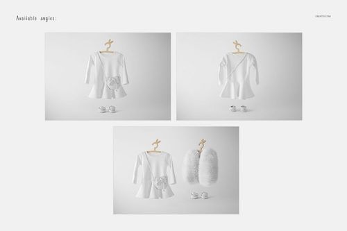 PSD mockup of a white baby dress with a flower accent, presented from front, back, and flat lay perspectives.