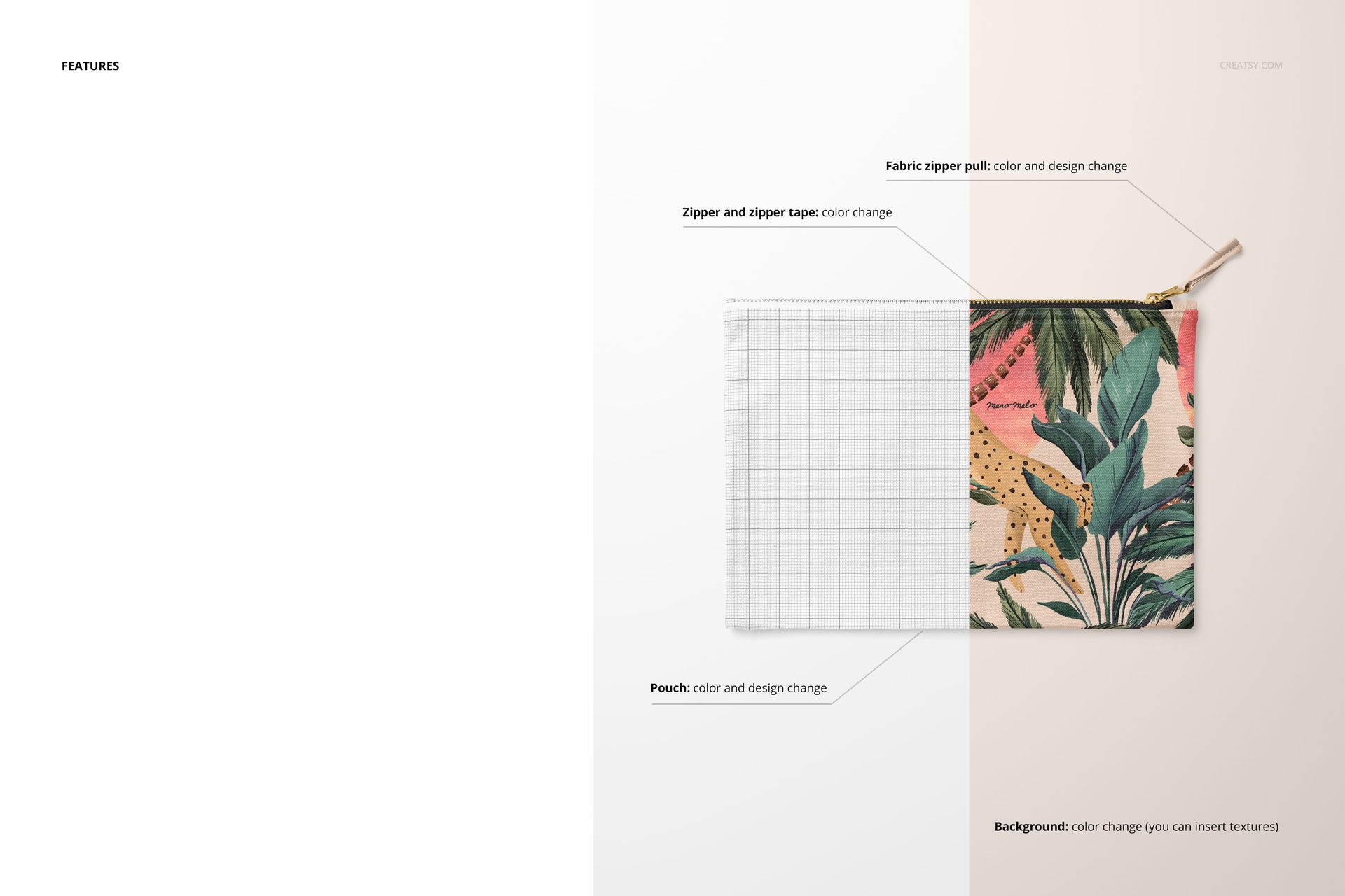 Top view of a rectangular canvas pouch mockup with a colorful jungle print and a grid pattern variant.