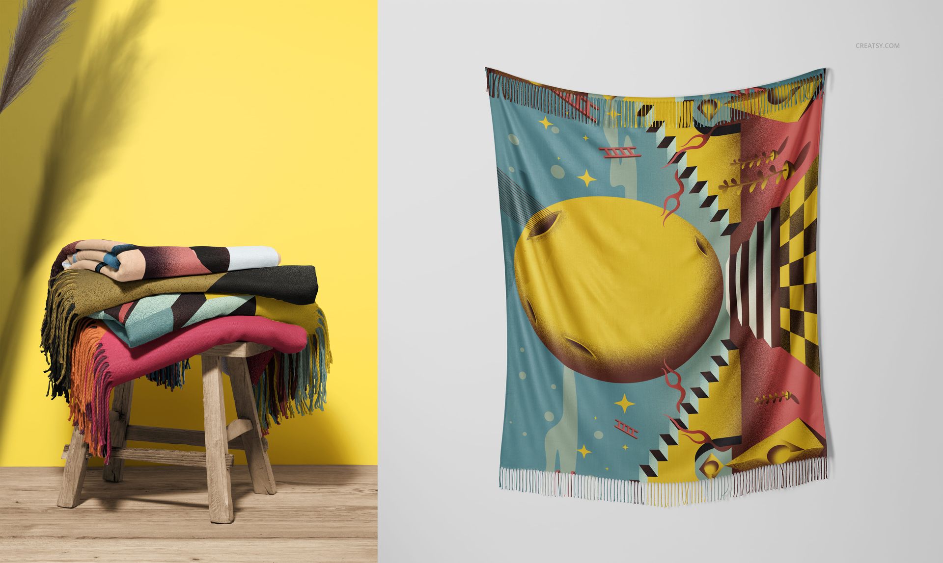 Colorful tassel fringe blankets folded on a wooden stool next to a wall, with a patterned blanket mockup displayed.